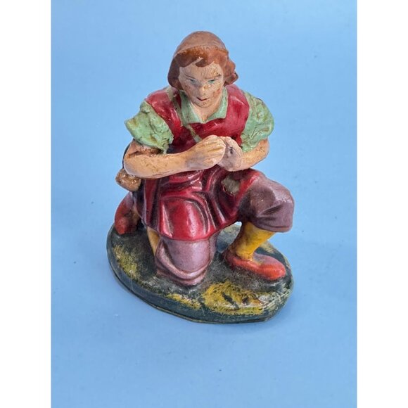 Vintage Italian Paper Mache Figurine Of Kneeling Boy with Horn In Red Outfit - Picture 1 of 5